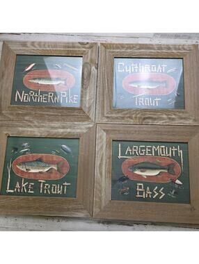 Set of 4 Susan Clickner Framed Fishing Print Lake House Decor Trout Bass Pike